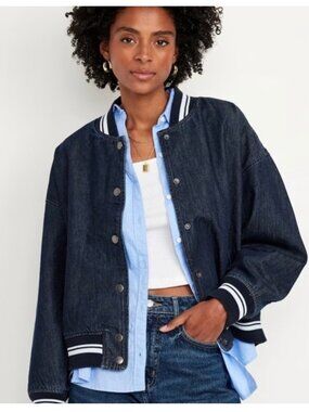 Old Navy Dark Wash Denim Varsity Bomber Jacket Size Large